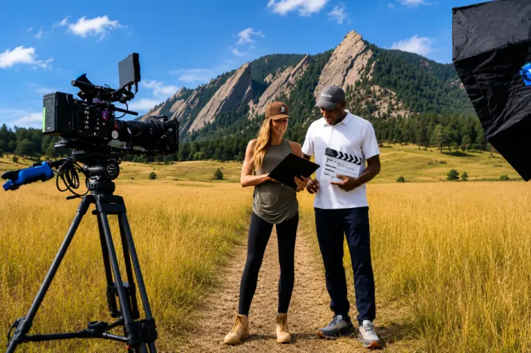 Film production crew reviewing a shot beside a professional cinema camera with the Boulder Flatirons in the background