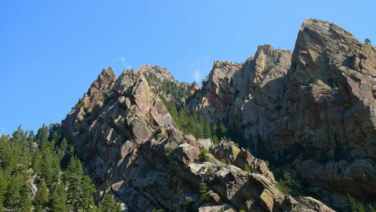 Jagged red and tan sandstone cliffs rising above dark pine forest under a clear blue sky in Eldorado Canyon.