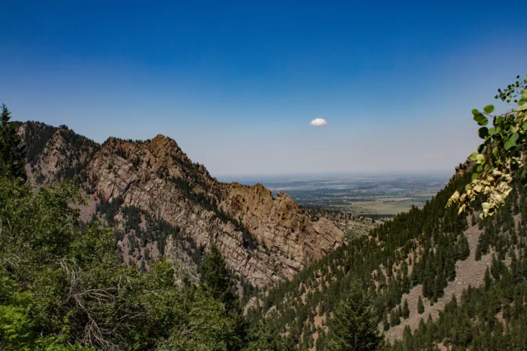 View down a forested canyon past a tilted sandstone ridge to flat plains and distant lakes under a deep blue sky.
