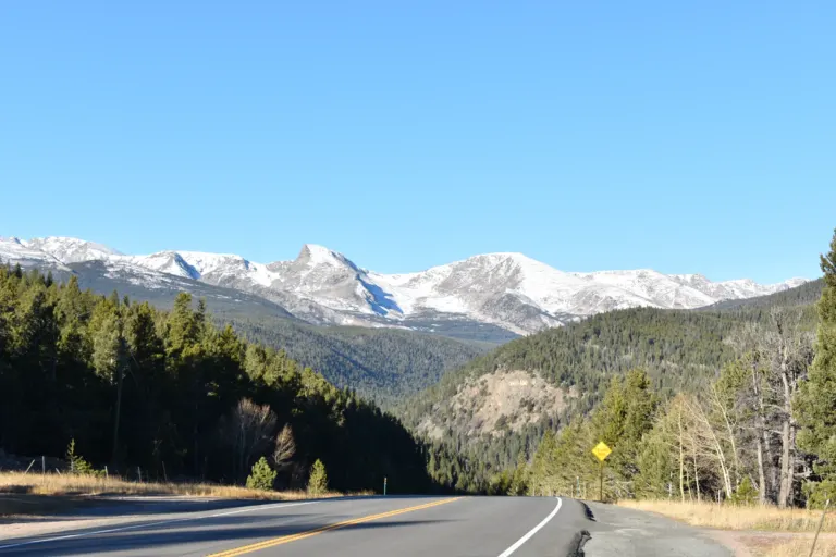Two-lane mountain highway curving past conifers toward a forested valley and snow-covered Sawtooth Mountain under a clear blue sky