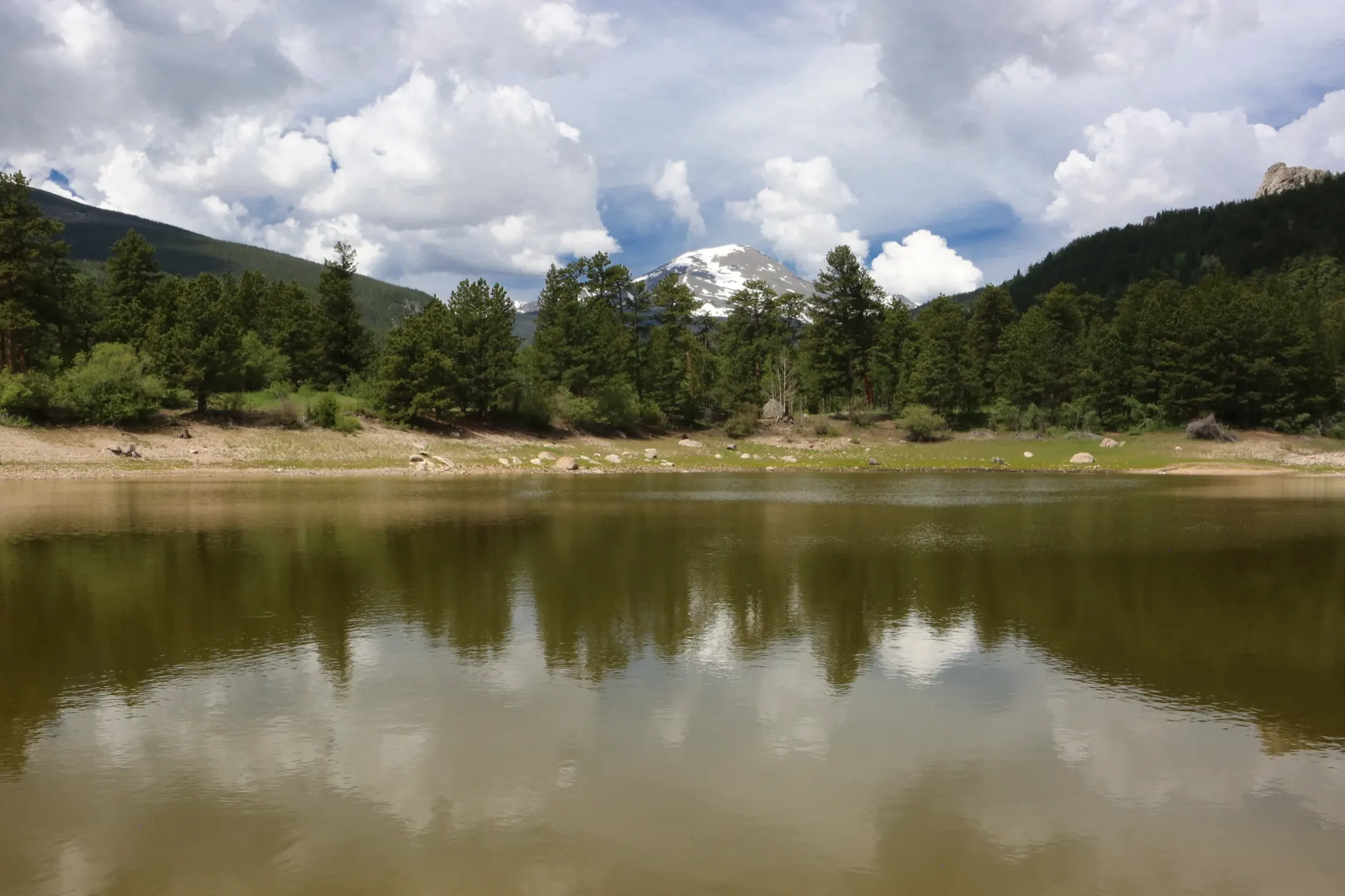 A calm mountain lake reflecting clouds and pine trees, with a snow-capped peak rising behind the forested far shore.